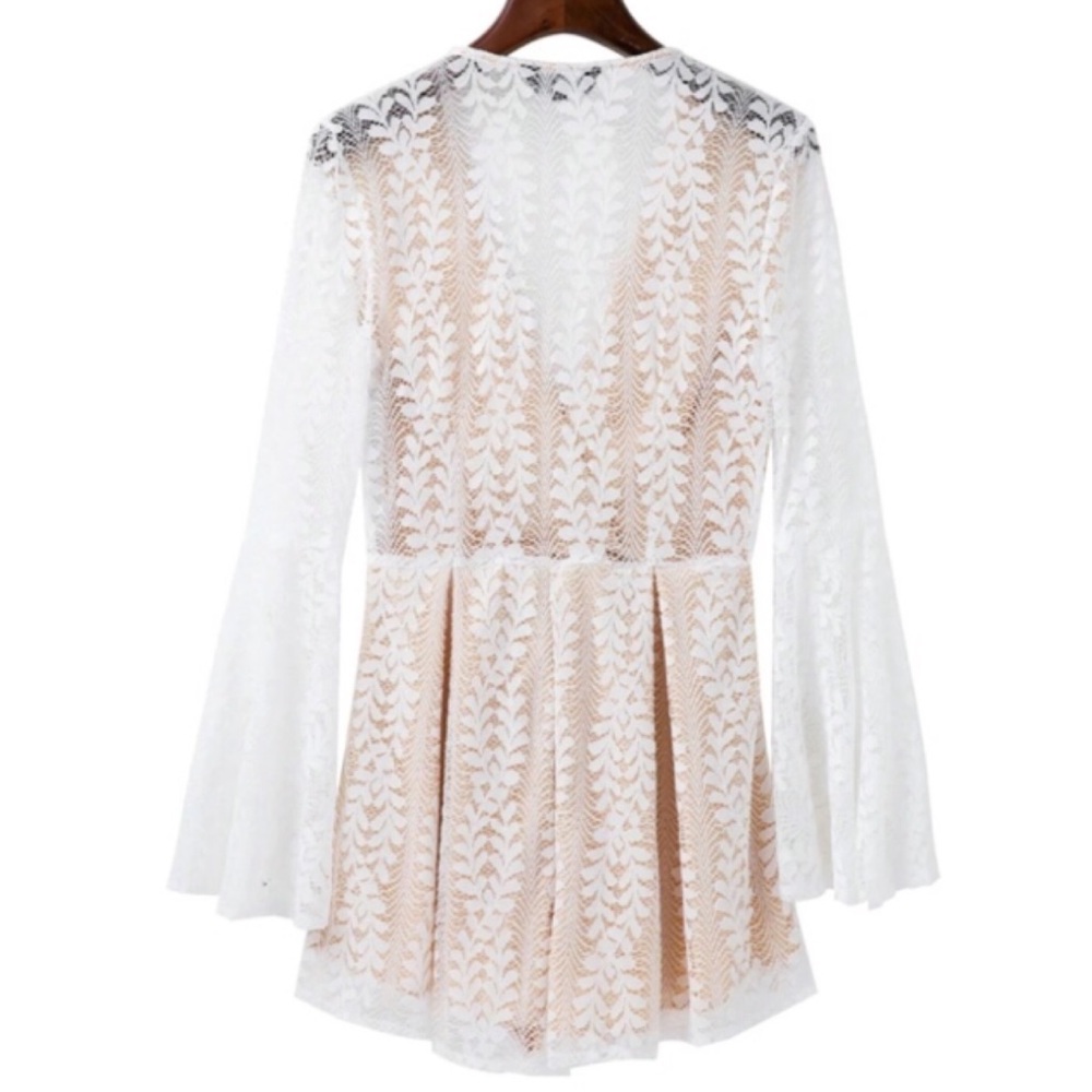 Floral Lace Bell Sleeve Deep V Romper - Picture 8 of 8